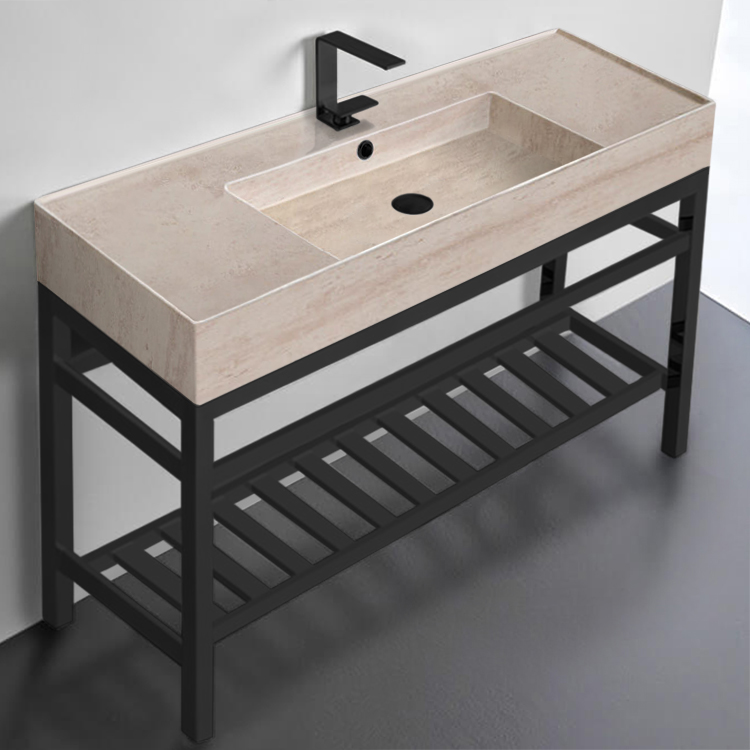 Console Bathroom Sink Modern Beige Travertine Design Ceramic Console Sink and Matte Black Base, 48 Inch Scarabeo 5125-E-CON2-BLK